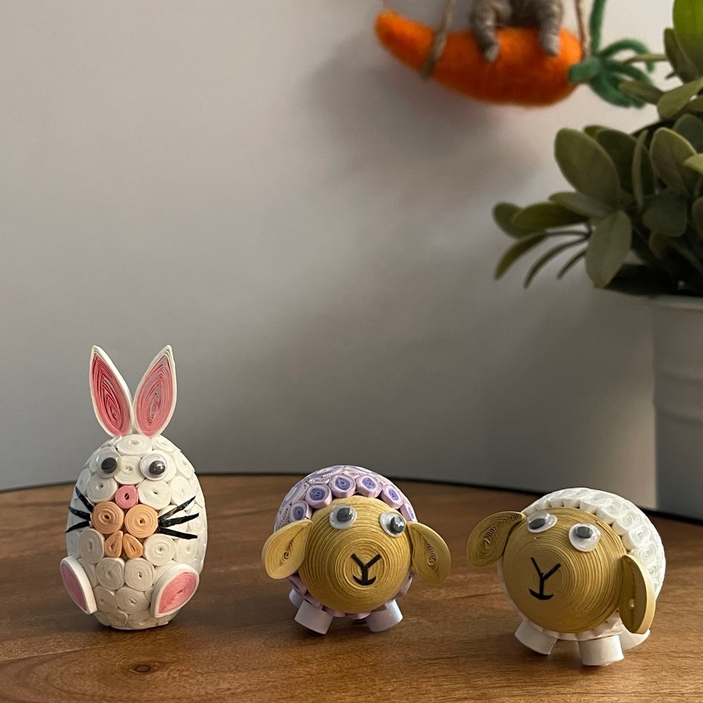 Quilled Bunny and Lamb Figurines